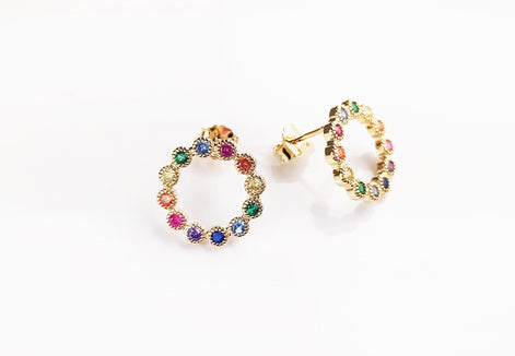 18K Gold Plated Stud Earrings, Rainbow CZ Gemstones