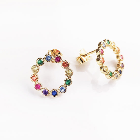 18K Gold Plated Stud Earrings, Rainbow CZ Gemstones