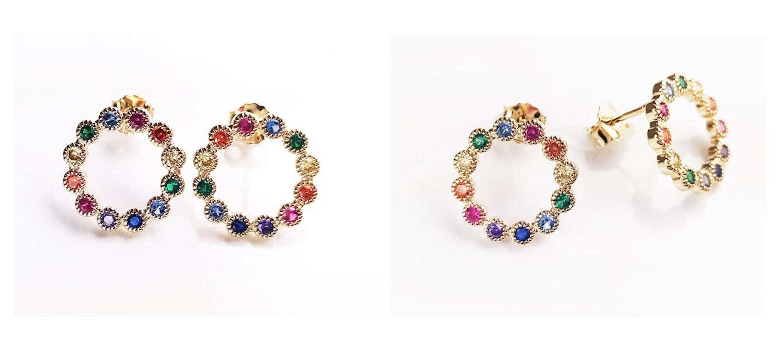 18K Gold Plated Stud Earrings, Rainbow CZ Gemstones