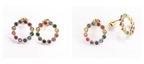 18K Gold Plated Stud Earrings, Rainbow CZ Gemstones