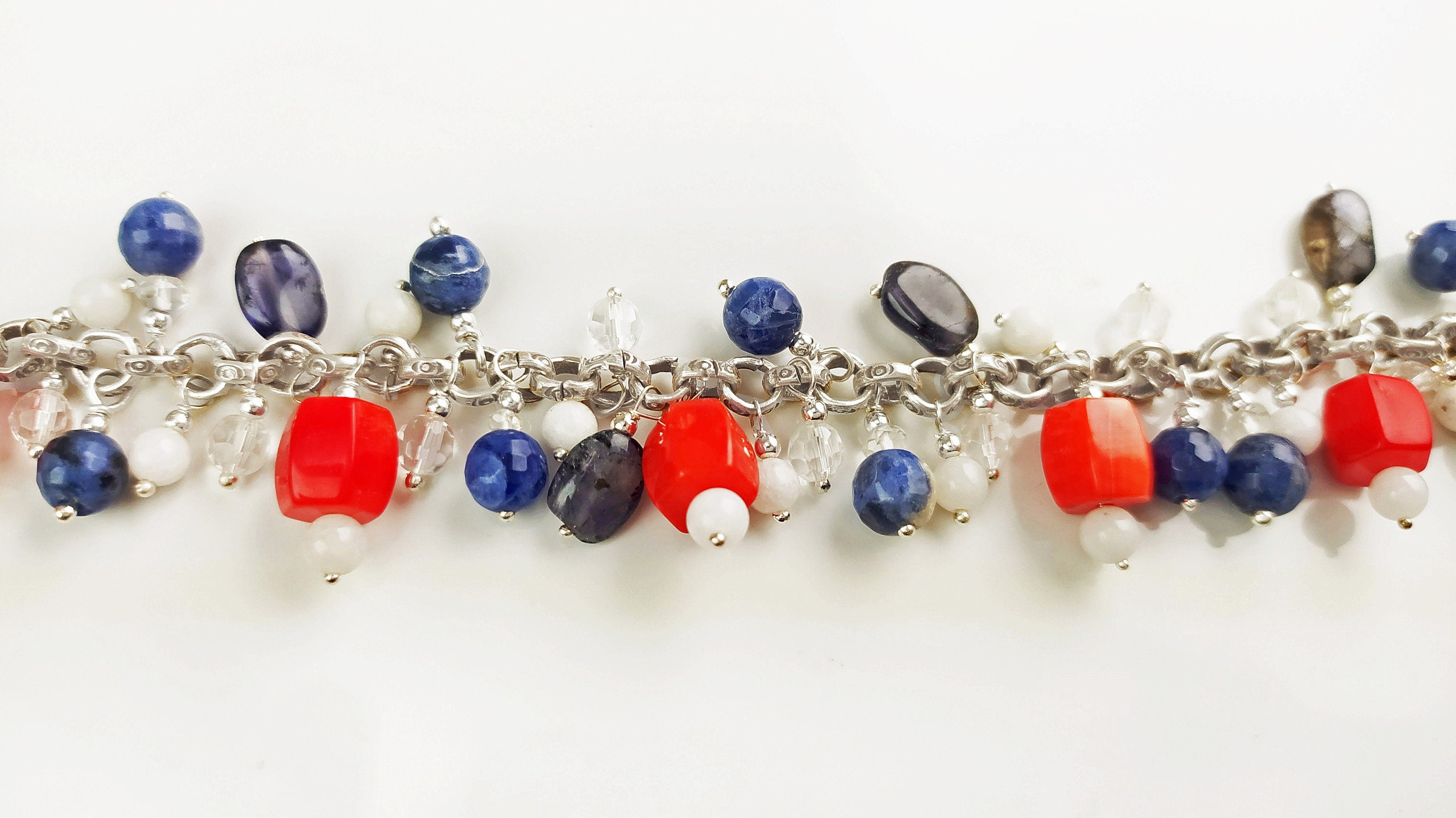 Three Colors Gemstone Sterling Silver Bracelet, Blue White Red Color Gemstone Bracelet, Mix Color Bracelet, Mix Gemstone Bracelet.925 Silver