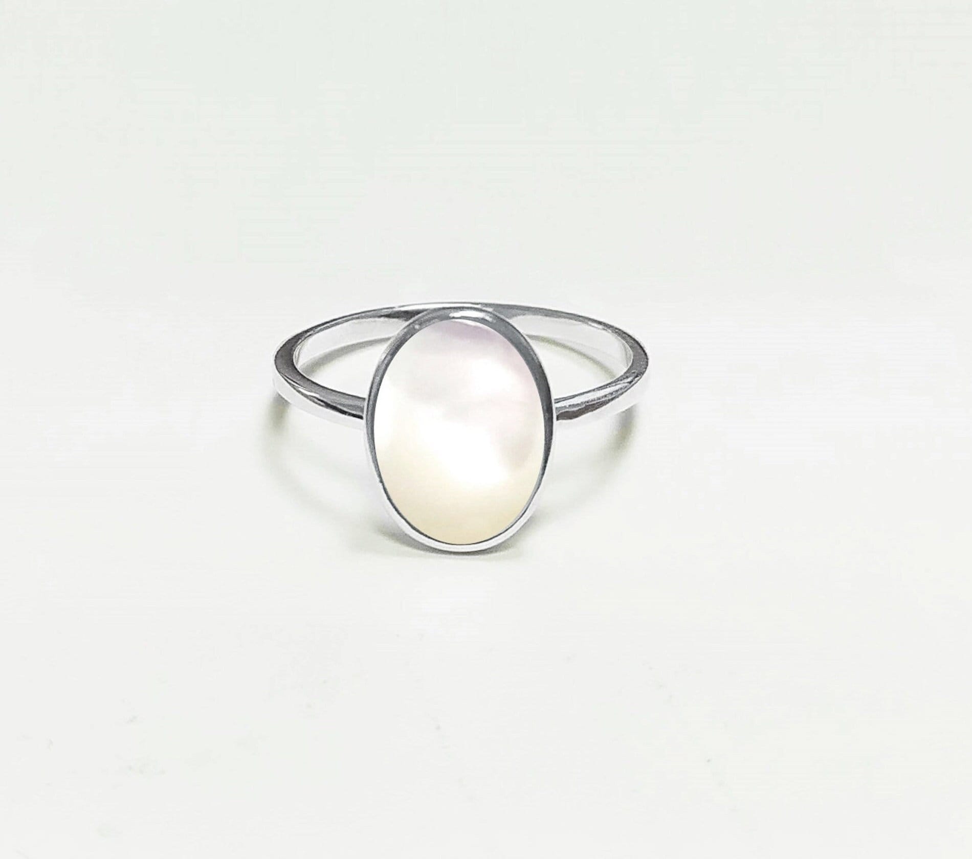 Flat Oval Ring, Sterling Silver Genuine Mother of Pearl Gemstone with Rainbow reflection, Small Everyday jewelry, Modern Minimalist Style