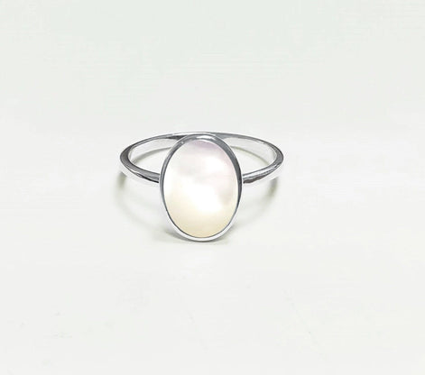 Flat Oval Ring, Sterling Silver Genuine Mother of Pearl Gemstone with Rainbow reflection, Small Everyday jewelry, Modern Minimalist Style