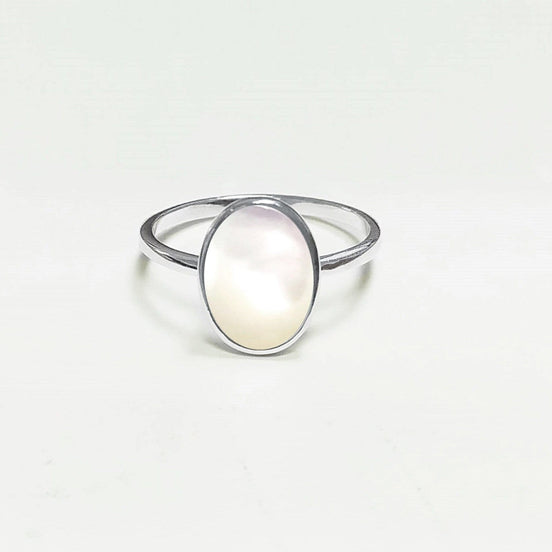 Flat Oval Ring, Sterling Silver Genuine Mother of Pearl Gemstone with Rainbow reflection, Small Everyday jewelry, Modern Minimalist Style