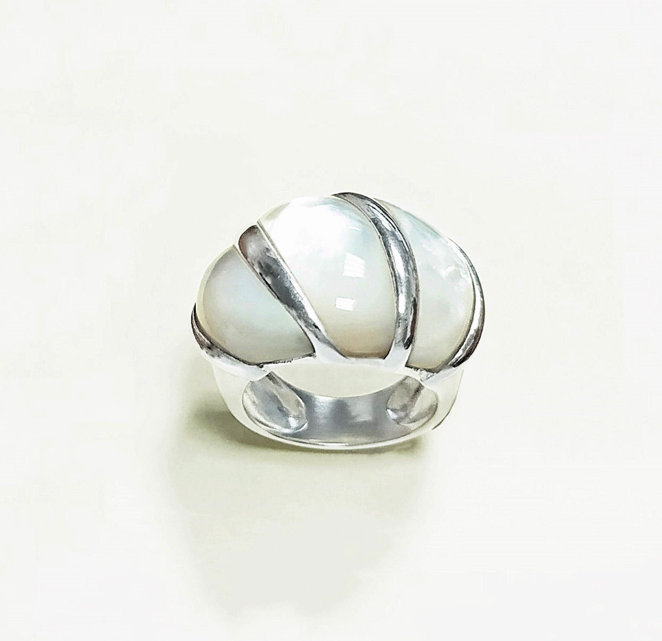 White Domed Ring, Sterling Silver, Mother-of-Pearl Shell Ring, Statement jewelry, Wide stone large band ring, Pearl Ring
