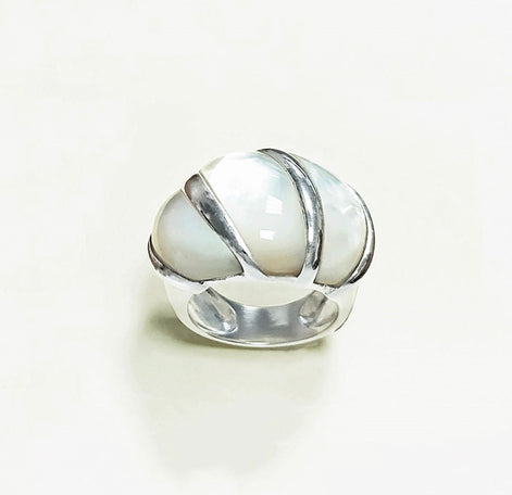 White Domed Ring, Sterling Silver, Mother-of-Pearl Shell Ring, Statement jewelry, Wide stone large band ring, Pearl Ring