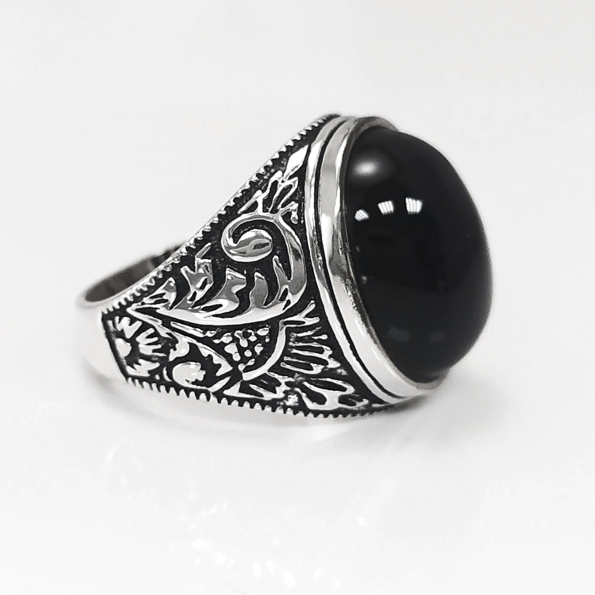925 Hipster Tribal Ring Sterling Silver, Baroque Vintage Ring, Oval Stone Ring, Engraved Medieval Ring, Unisex Gothic Pirate jewelry