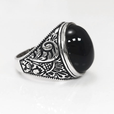 925 Hipster Tribal Ring Sterling Silver, Baroque Vintage Ring, Oval Stone Ring, Engraved Medieval Ring, Unisex Gothic Pirate jewelry