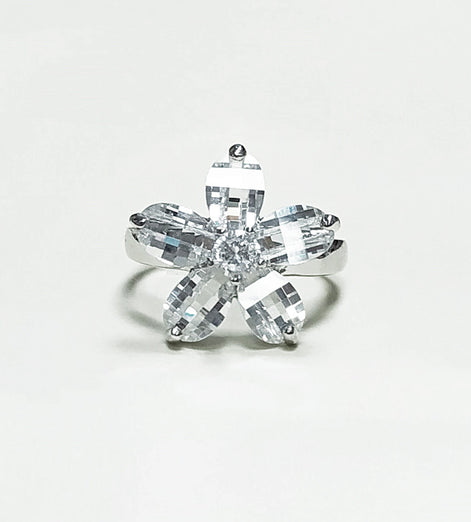Flower Ring Sterling Silver 925, Clear white Stones color faceted Zirconia Cz , Modern Five Petals Stone Flowers Jewelry