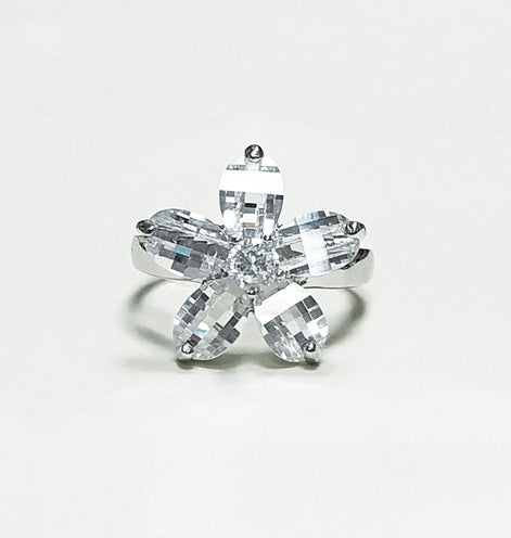 Flower Ring Sterling Silver 925, Clear white Stones color faceted Zirconia Cz , Modern Five Petals Stone Flowers Jewelry
