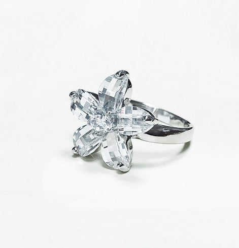 Flower Ring Sterling Silver 925, Clear white Stones color faceted Zirconia Cz , Modern Five Petals Stone Flowers Jewelry