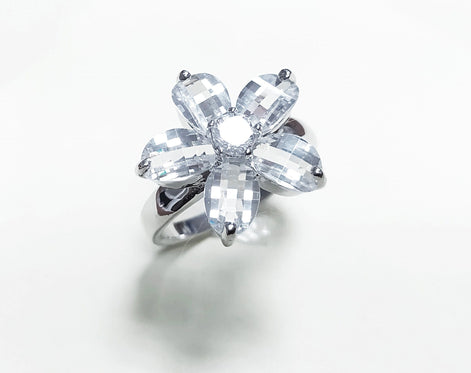 Flower Ring Sterling Silver 925, Clear white Stones color faceted Zirconia Cz , Modern Five Petals Stone Flowers Jewelry