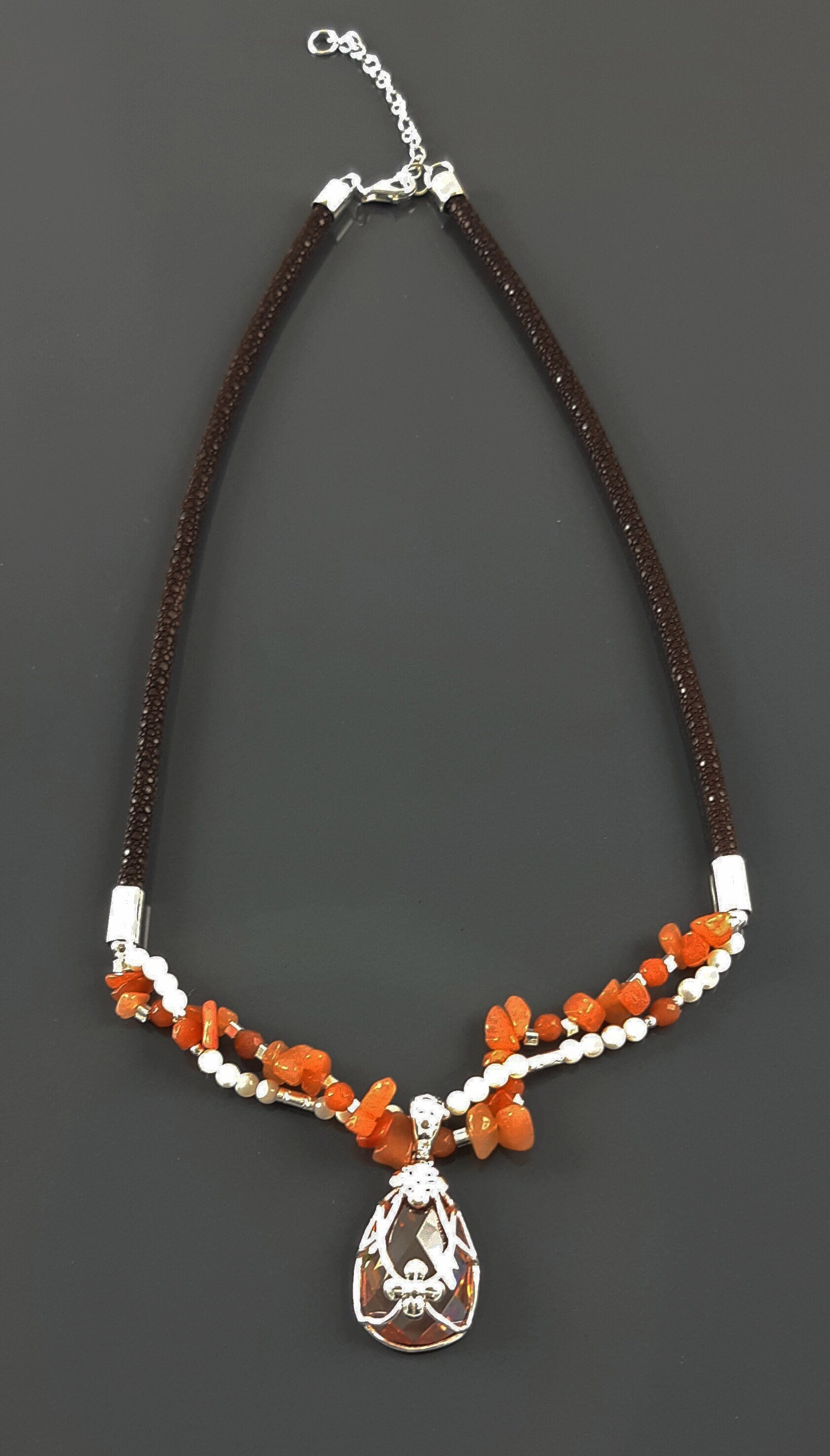Orange Stone Color Necklace, Sterling Silver, NATURAL Agate Stones, Pearls Strands, Lab Orange Stone Cz, Flower Pendant, Stingray Collar