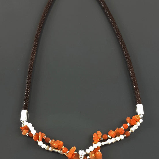 Orange Stone Color Necklace, Sterling Silver, NATURAL Agate Stones, Pearls Strands, Lab Orange Stone Cz, Flower Pendant, Stingray Collar