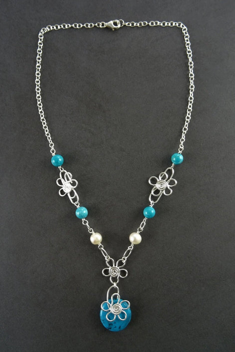 Turquoise Boho necklace, sterling silver, fresh water pearl, blue Round Stone, hipster flower pattern jewelry