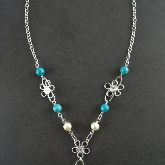 Turquoise Boho necklace, sterling silver, fresh water pearl, blue Round Stone, hipster flower pattern jewelry