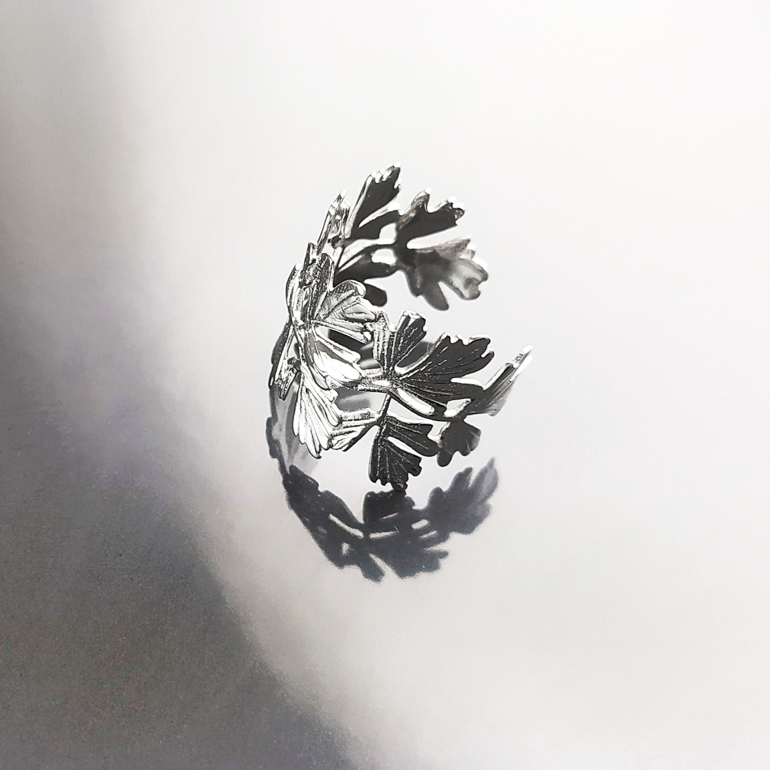 Ginkgo Leaf Ring, Skeleton Leaf Veins, Open Wrap Around Cuff ring, Nature Jewelry