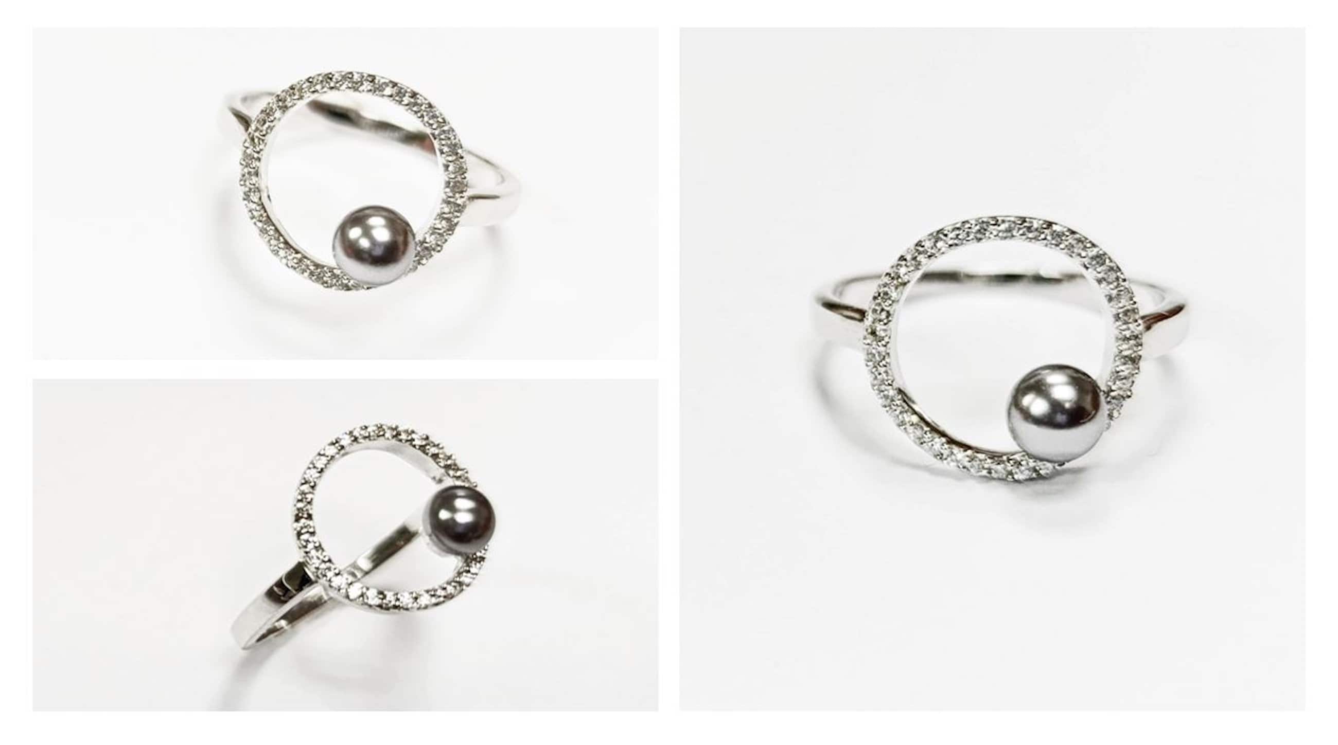 Modern Circle Grey Pearl Ring • Minimalist Sterling Silver Band with Zirconia Halo • Chic Statement Shell Pearl Jewelry • Gift for Women