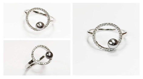 Modern Circle Grey Pearl Ring • Minimalist Sterling Silver Band with Zirconia Halo • Chic Statement Shell Pearl Jewelry • Gift for Women