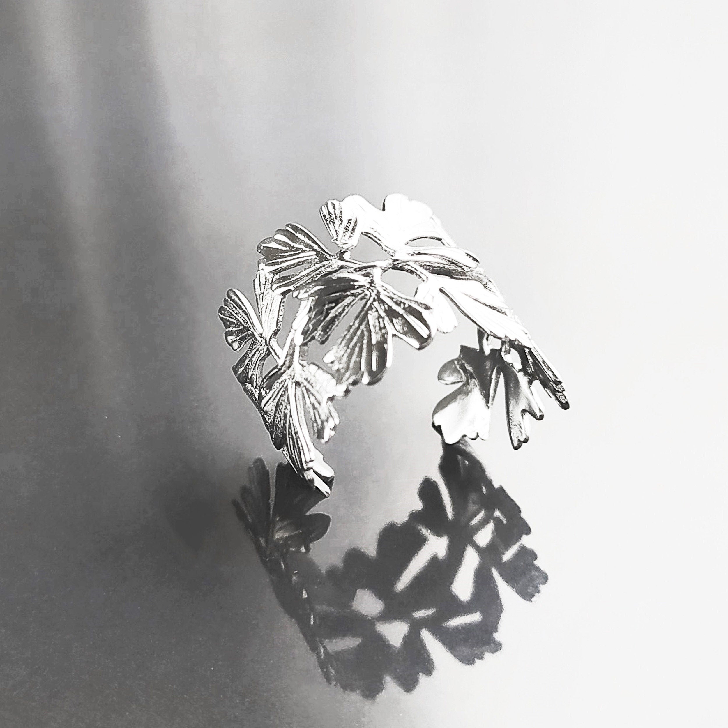 Ginkgo Leaf Ring, Sterling Leaf Ring, Skeleton Leaf Veins Ring, Vine Branch Ring, Open Wrap Around Ring, Ring, Cuff ring, Nature Jewelry