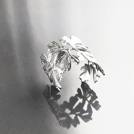 Ginkgo Leaf Ring, Sterling Leaf Ring, Skeleton Leaf Veins Ring, Vine Branch Ring, Open Wrap Around Ring, Ring, Cuff ring, Nature Jewelry