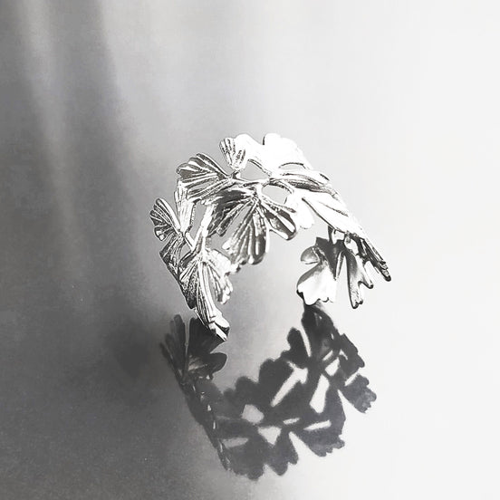 Ginkgo Leaf Ring, Sterling Leaf Ring, Skeleton Leaf Veins Ring, Vine Branch Ring, Open Wrap Around Ring, Ring, Cuff ring, Nature Jewelry