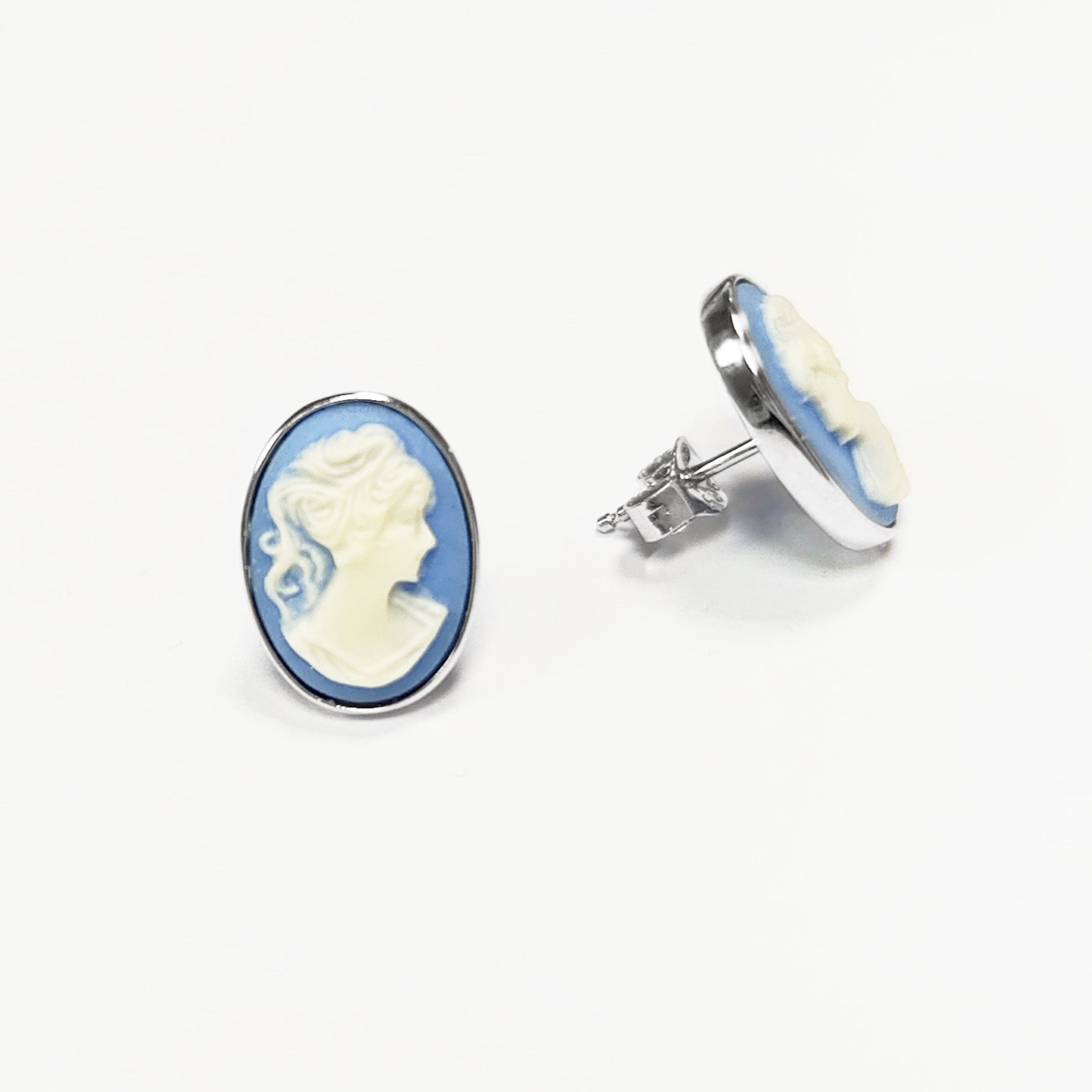 Sterling Silver Cameo Stud Earrings – Blue Resin, Victorian Style