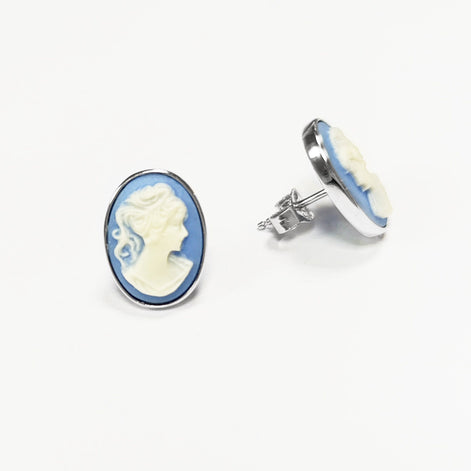 Sterling Silver Cameo Stud Earrings – Blue Resin, Victorian Style