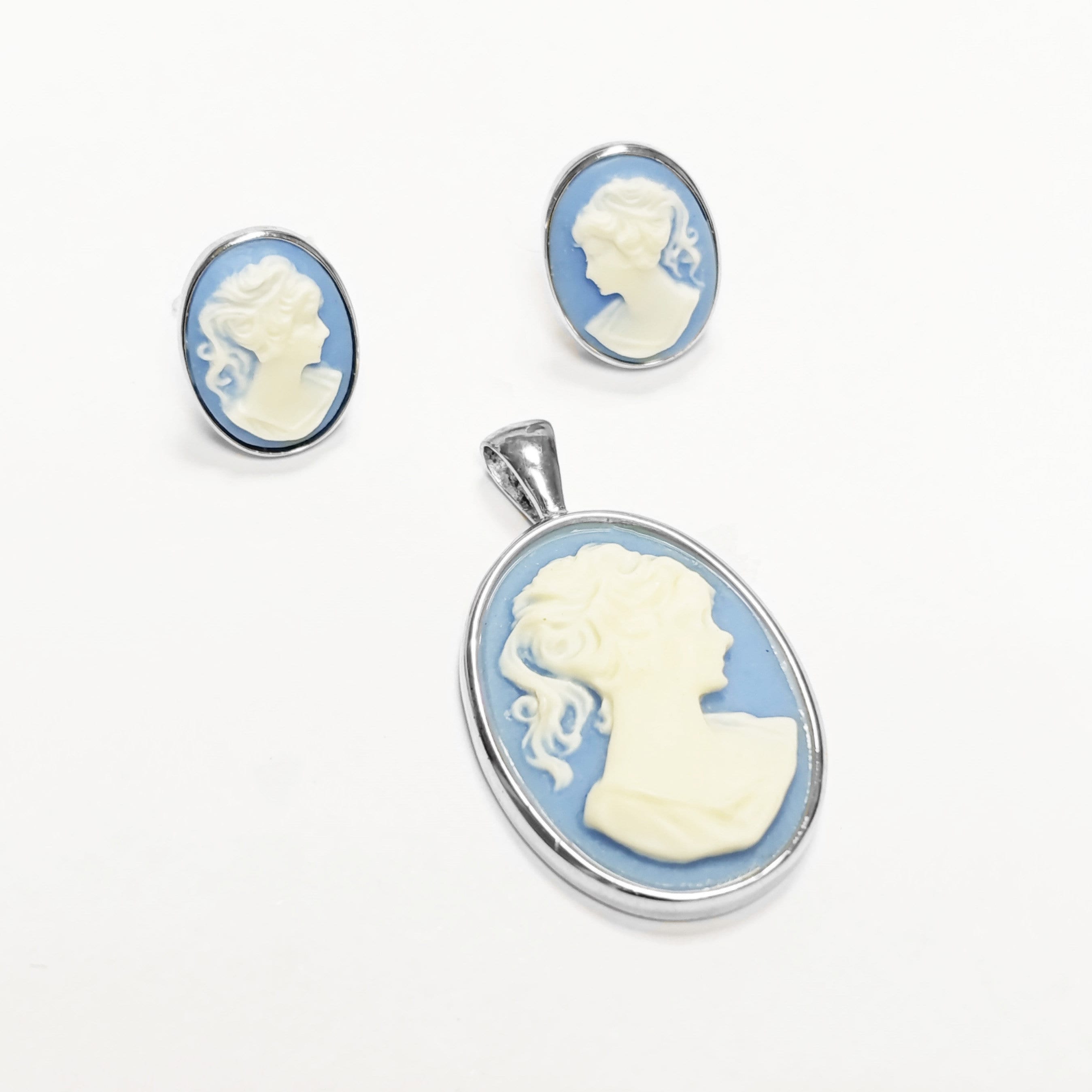 Sterling Silver Cameo Stud Earrings – Blue Resin, Victorian Style
