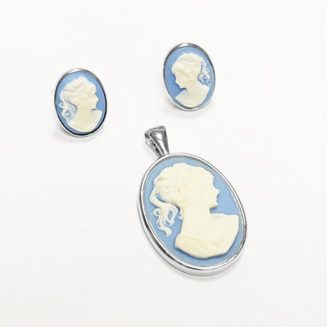 Sterling Silver Cameo Stud Earrings – Blue Resin, Victorian Style