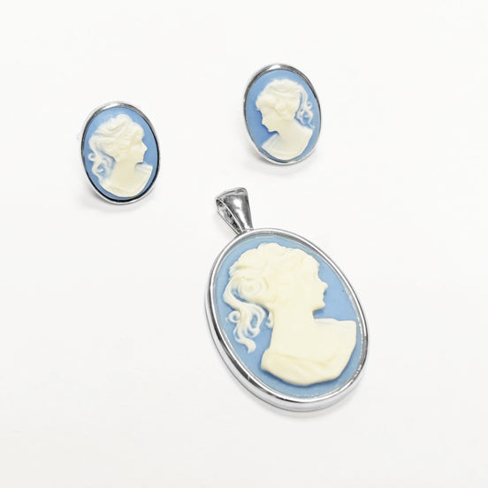 Sterling Silver Cameo Stud Earrings – Blue Resin, Victorian Style