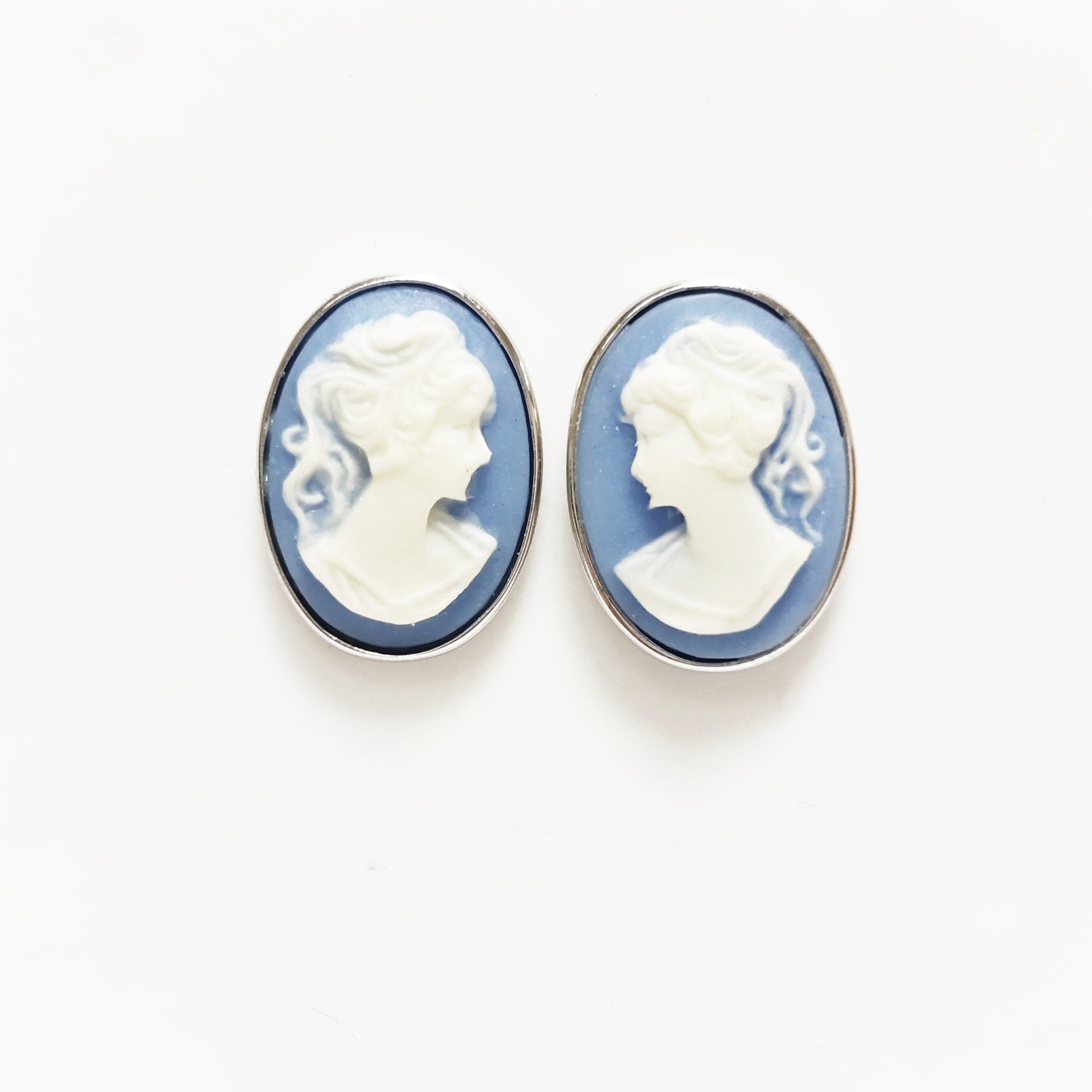 Sterling Silver Cameo Stud Earrings – Blue Resin, Victorian Style