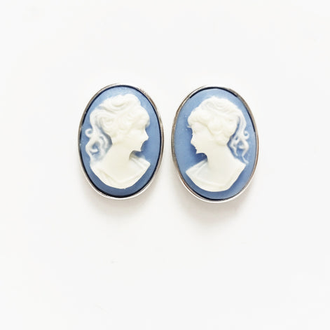 Sterling Silver Cameo Stud Earrings – Blue Resin, Victorian Style