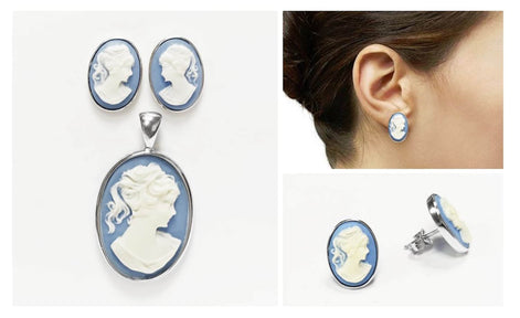 Sterling Silver Cameo Stud Earrings – Blue Resin, Victorian Style