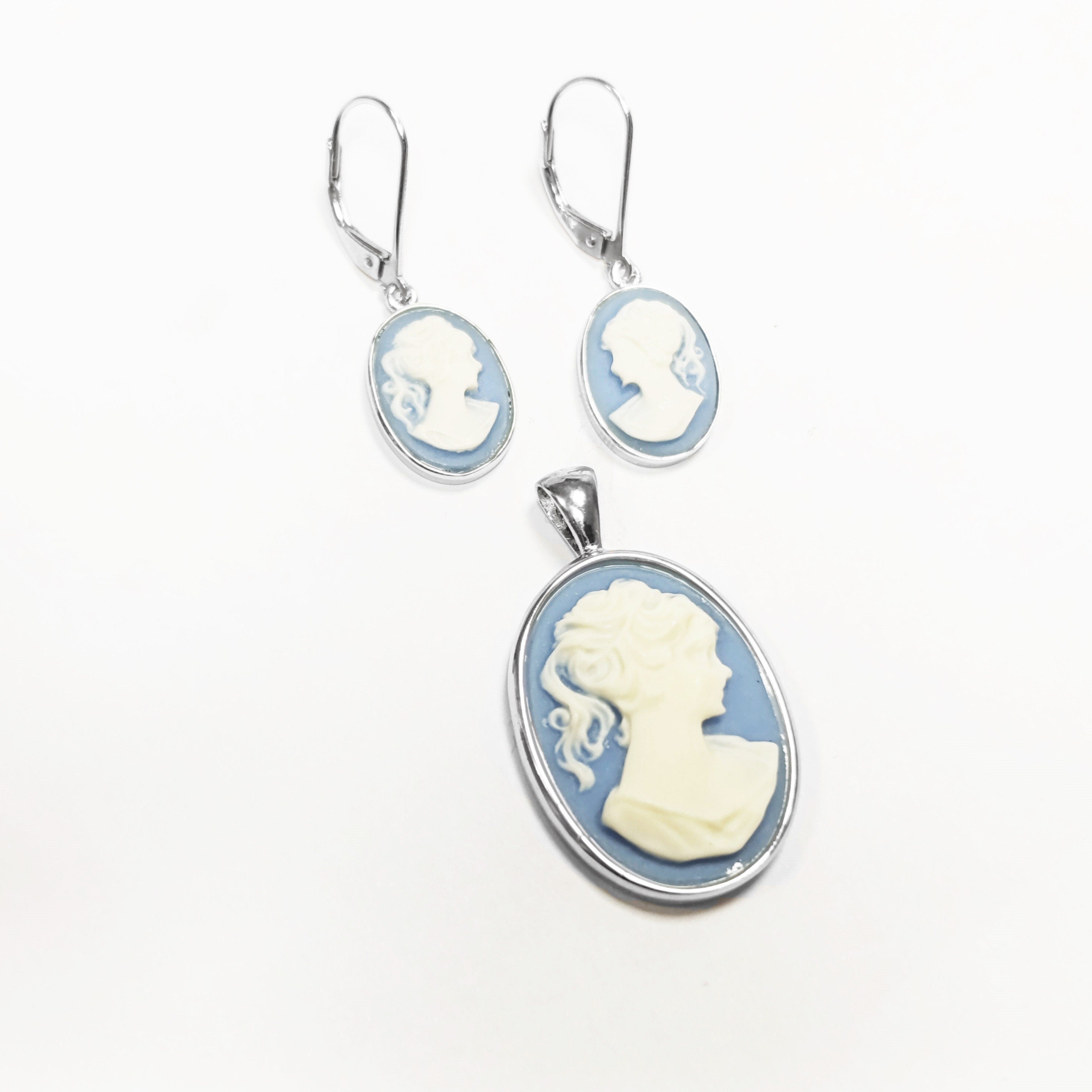Cameo Earrings, Sterling Silver Blue and white oval resin stone, woman face portrait cameo, Vintage Victorian Jewelry, Lever back Earrings