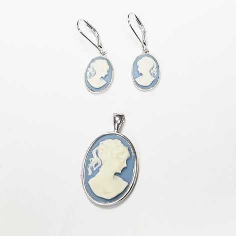Cameo Earrings, Sterling Silver Blue and white oval resin stone, woman face portrait cameo, Vintage Victorian Jewelry, Lever back Earrings