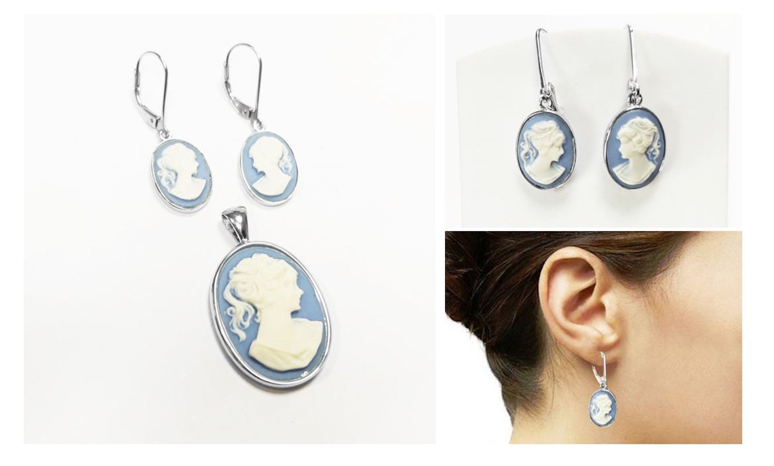 Cameo Earrings, Sterling Silver Blue and white oval resin stone, woman face portrait cameo, Vintage Victorian Jewelry, Lever back Earrings