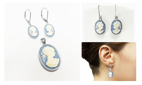 Cameo Earrings, Sterling Silver Blue and white oval resin stone, woman face portrait cameo, Vintage Victorian Jewelry, Lever back Earrings