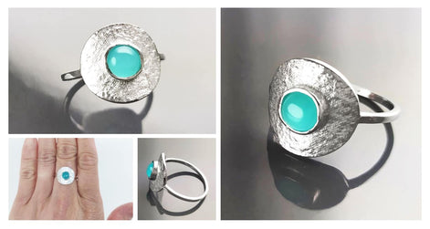 Turquoise Amazonite Ring, Sterling Silver, Geometric Round Flat Hammered Disc, Blue Green Cabochon Stone, Dainty Modern Minimalist Jewelry
