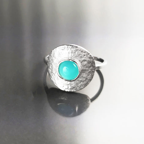Amazonite Ring, Silver 925, Geometric Round Flat Hammered Disc, Small Blue Green Amazonite Stone, Dainty Modern Minimalist Jewelry
