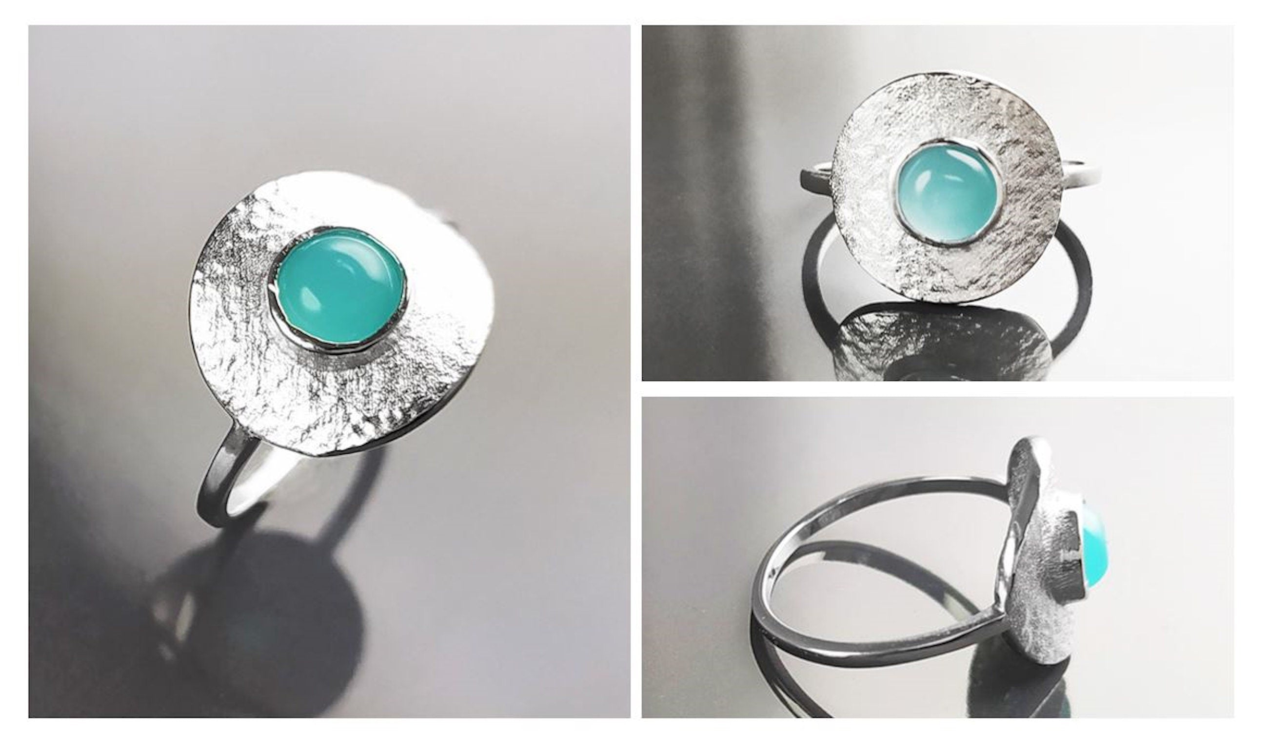 Amazonite Ring, Silver 925, Geometric Round Flat Hammered Disc, Small Blue Green Amazonite Stone, Dainty Modern Minimalist Jewelry