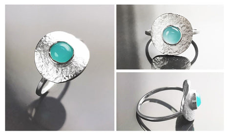 Amazonite Ring, Silver 925, Geometric Round Flat Hammered Disc, Small Blue Green Amazonite Stone, Dainty Modern Minimalist Jewelry