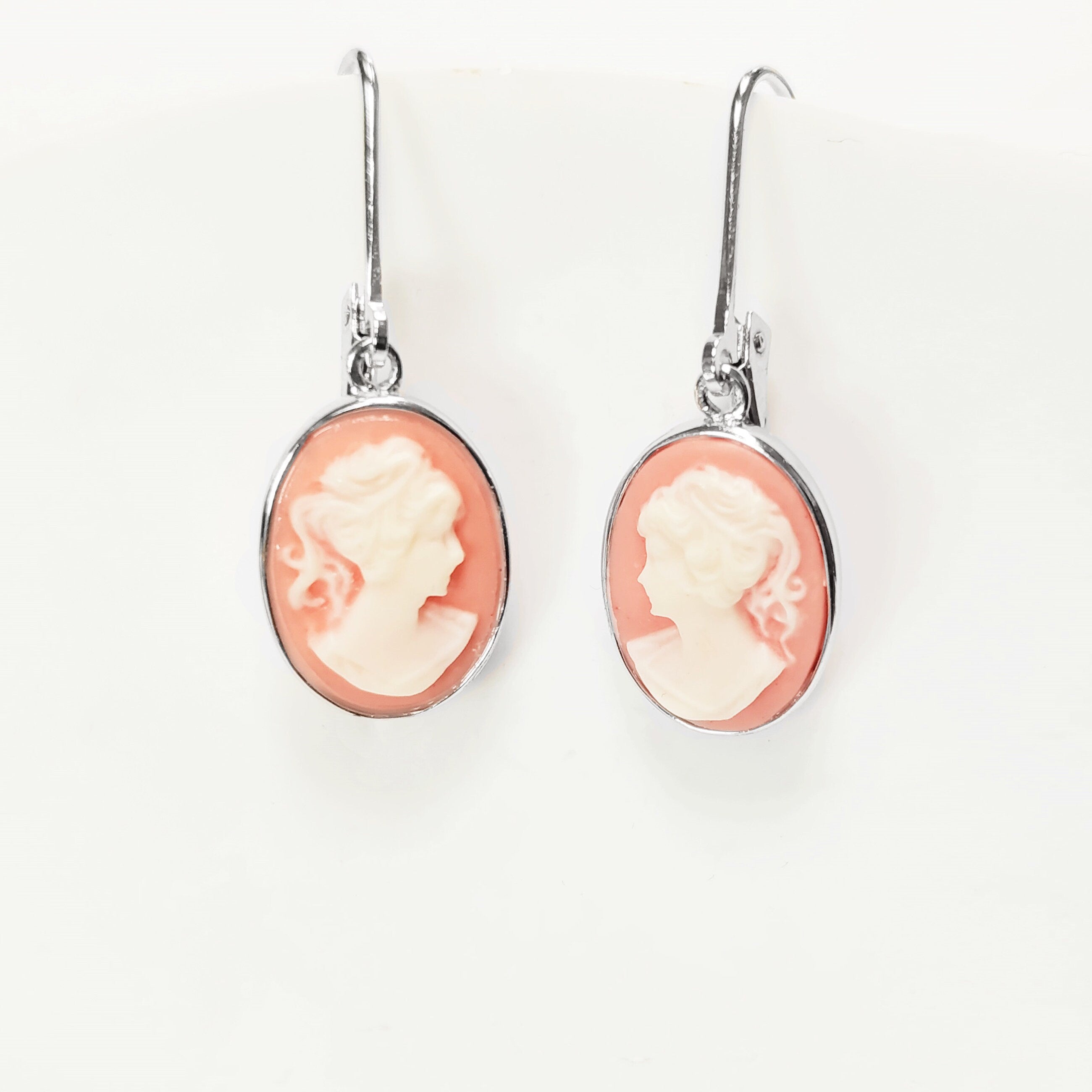 Sterling Silver Cameo Earrings, Vintage Victorian Woman Portrait Resin Stone, Dangle 925