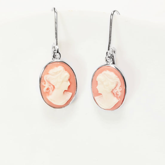 Sterling Silver Cameo Earrings, Vintage Victorian Woman Portrait Resin Stone, Dangle 925