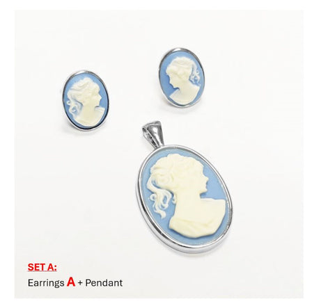 Sterling Silver Cameo Pendant – Blue White Resin Stone, Victorian Necklace
