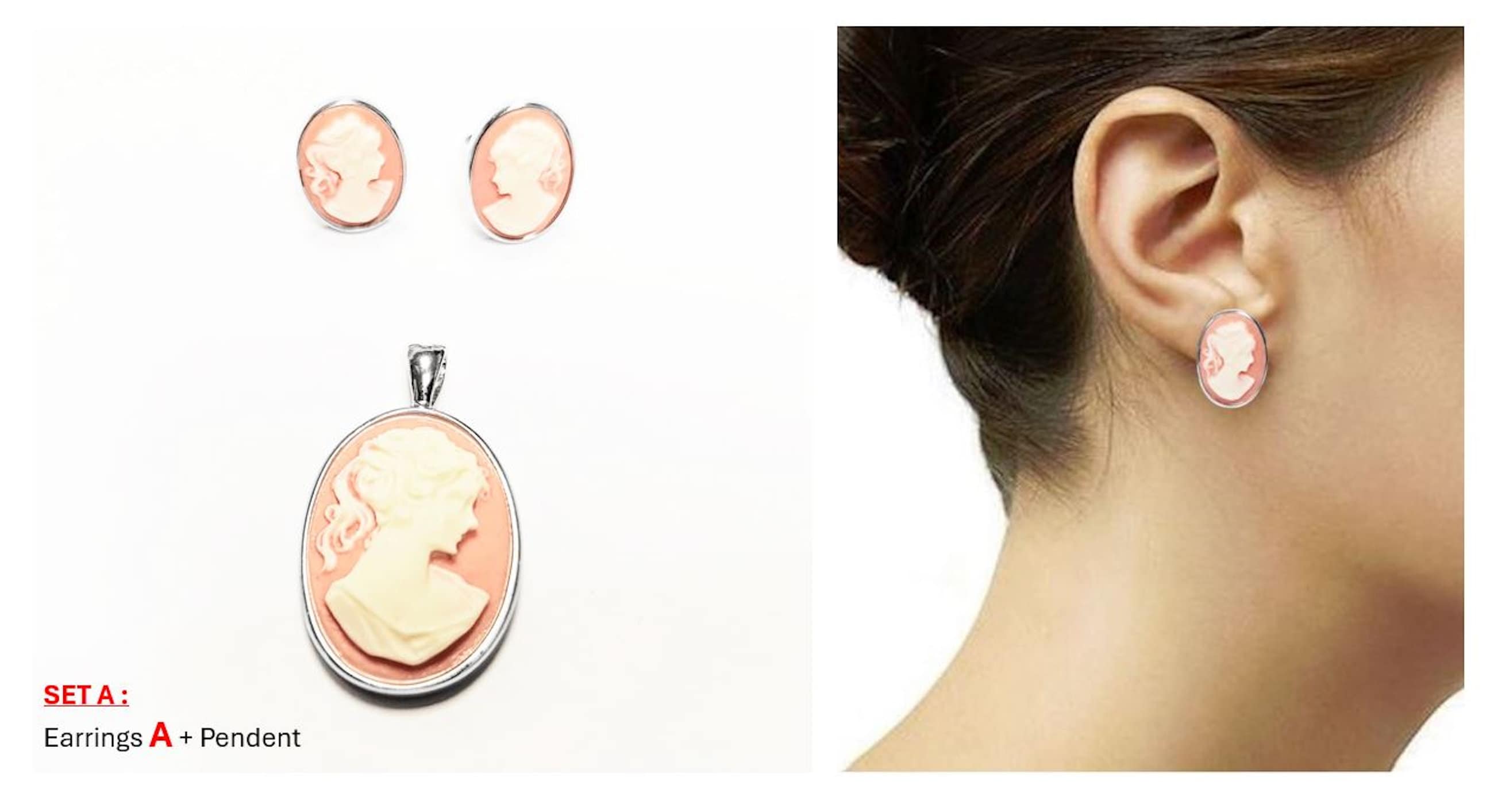 Cameo Pendant - Sterling Silver - Red and white Oval Resin stone- woman face portrait cameo - Vintage necklace charm - Victorian Jewelry