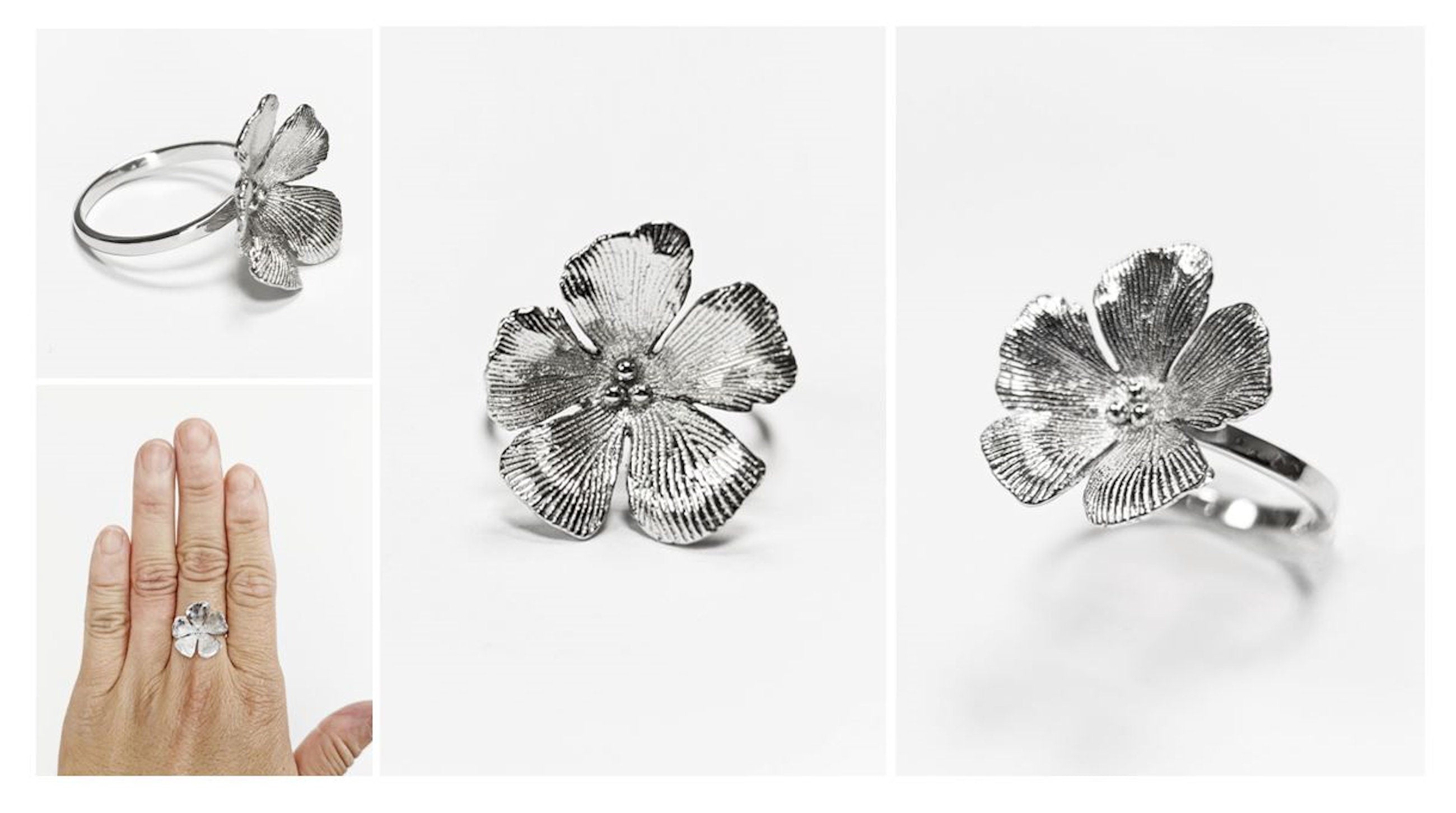 Cherry Flower Ring, Sterling Silver, STURDY Daisies Petals Country Flowers Ring, Blossom Floral Jewelry, Spring Summer Bloom, Nature Gift