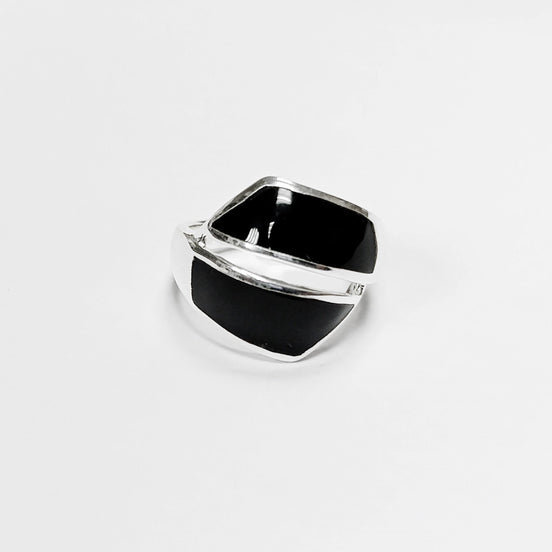 Onyx Bypass Ring - Sterling Silver - Black Onyx - Gemstone Crossing Ring - Designer Ring - Black Stone Ring - Framed Geometrical Ring