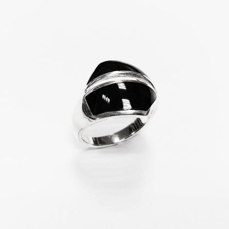 Onyx Bypass Ring - Sterling Silver - Black Onyx - Gemstone Crossing Ring - Designer Ring - Black Stone Ring - Framed Geometrical Ring