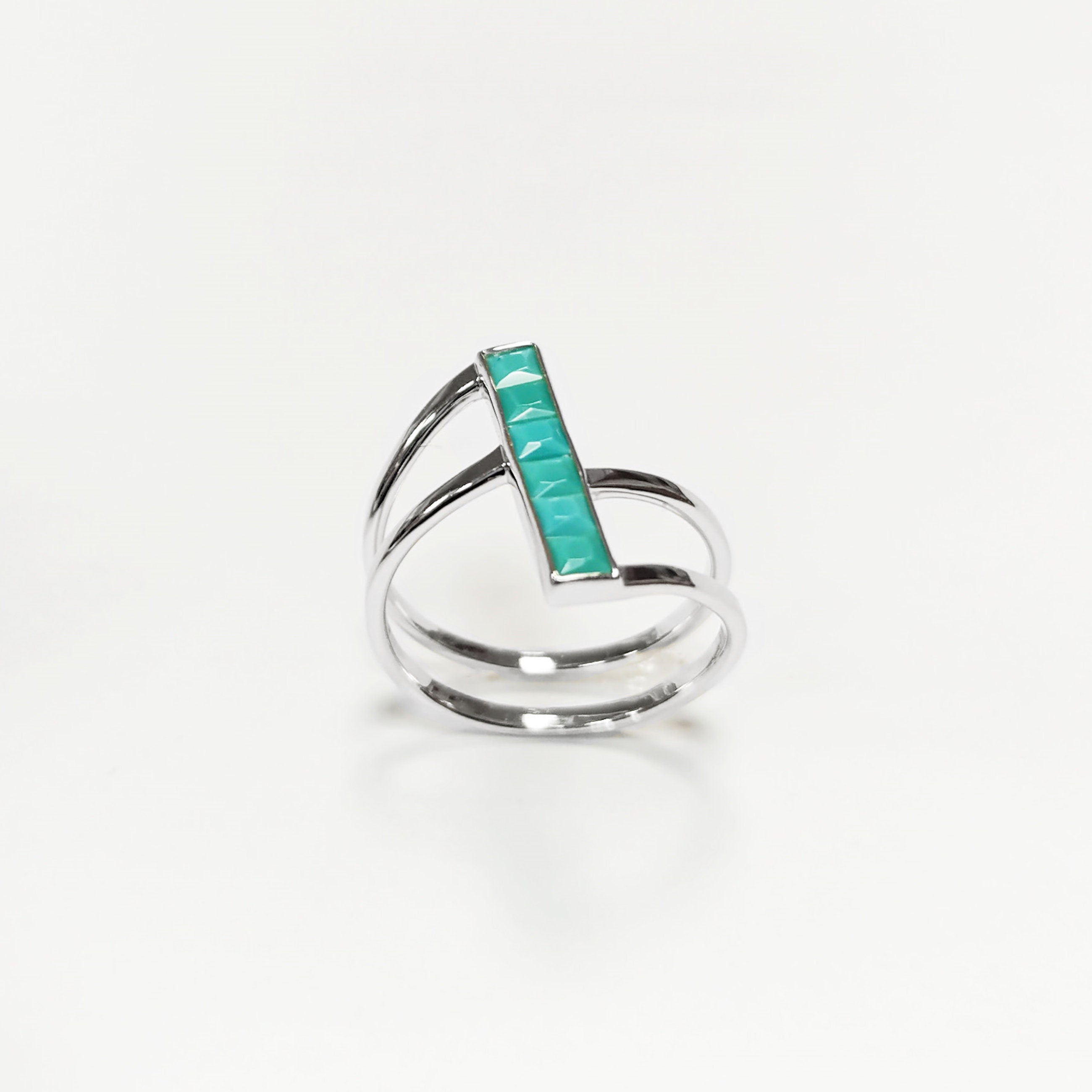 Turquoise Bypass Ring, Sterling Silver, Enhanced Blue Turquoise Stones Jewelry, Sleek Inlay Modern Turquoise Band, Minimalist Flat Stone
